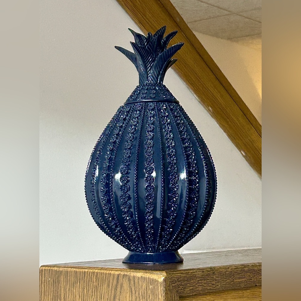Nate Berkus Navy Blue Lacquer Lidded Textured Figural Pineapple Jar